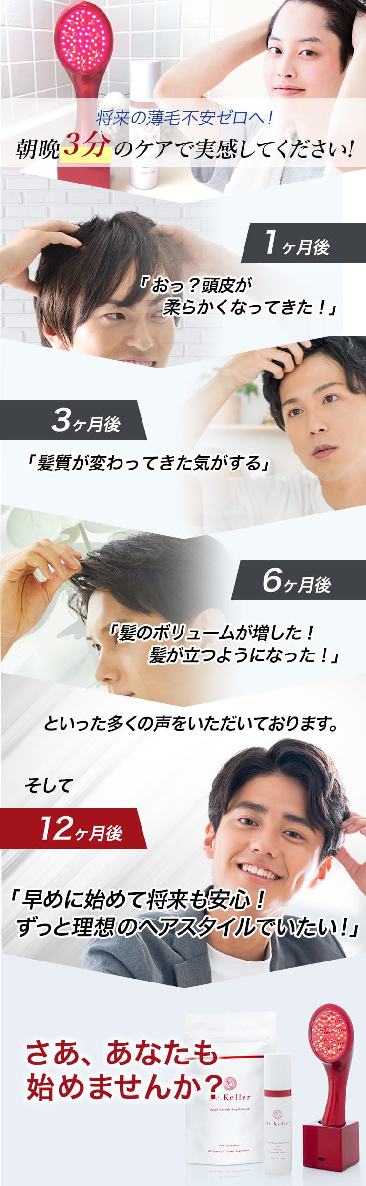 将来の薄毛不安ゼロへ!朝晩3分のケアで実感してください!